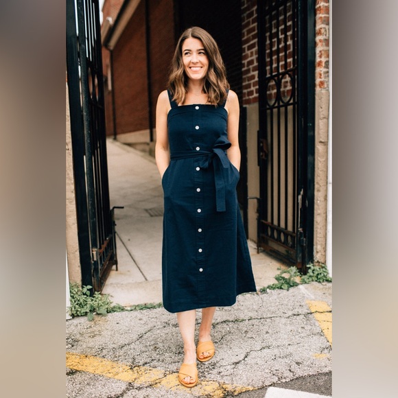 Everlane Cotton Weave Picnic Dress - Navy - Size 8 - Picture 1 of 15
